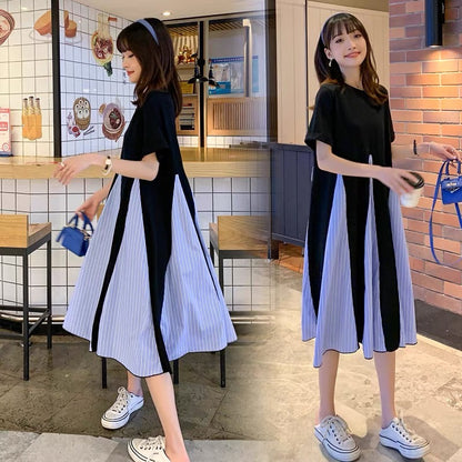 New summer wear, Korean style maternity wear, loose mid-length dress, stylish splicing skirt, 200 pounds puffy skirt D790