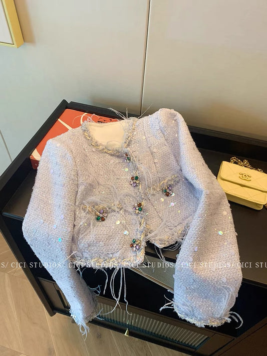 High-end heavy industry sequined feather short coat for women autumn and winter 2023 new style exquisite and super good-looking small fragrance top