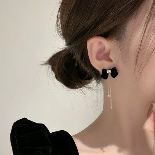 925 silver needle velvet bow earrings, feminine drop earrings, tassel earrings, niche design, high-end earrings