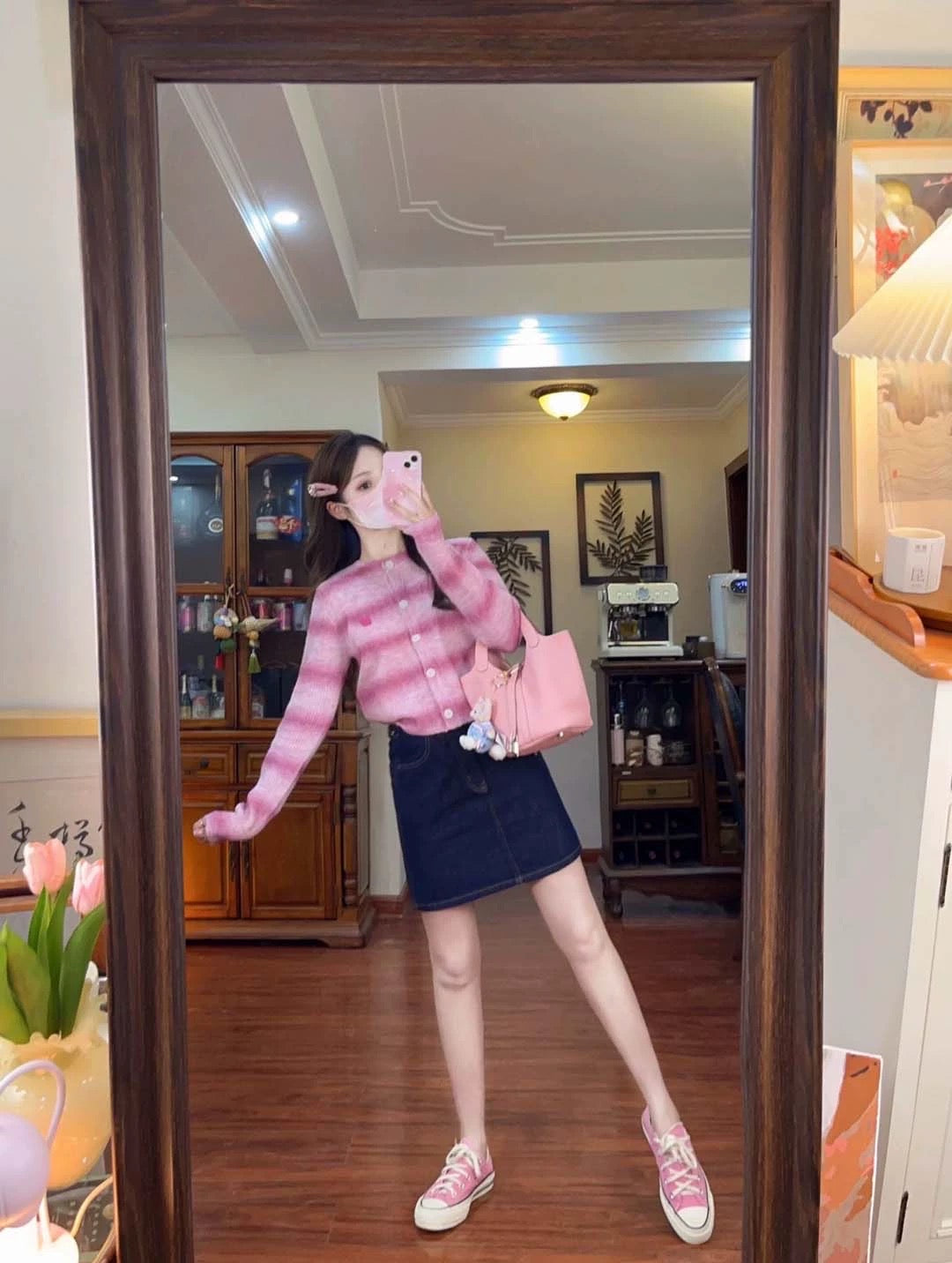 Dopamine Sweet Pink Knitted Cardigan Sweater Jacket Women's Slim Slim Spring and Autumn Denim Skirt Two-Piece Suit