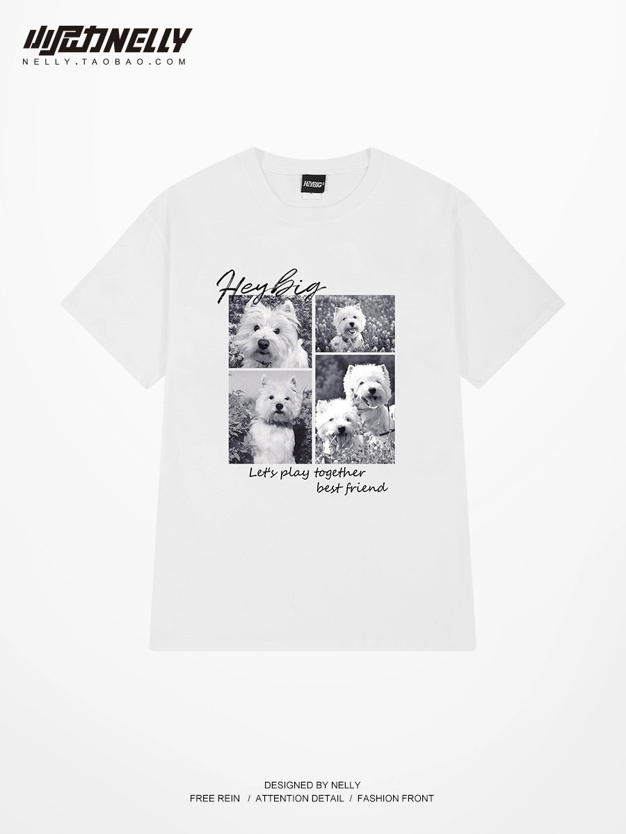 Fashion brand dog photo print short-sleeved T-shirt for men and women summer versatile cotton loose youth clothes round neck half sleeves