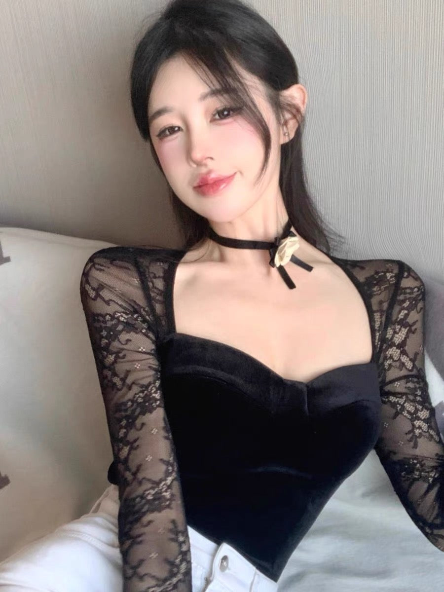 Spring sweet hottie velvet spliced lace bottoming shirt, feminine pure lusty style, slimming temperament, mesh long-sleeved top