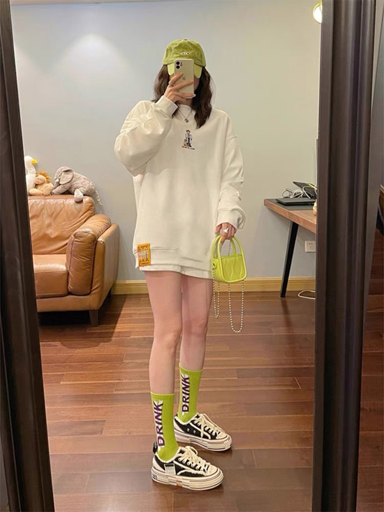 College style gentle beige sweatshirt women's 2023 autumn loose slimming mid-length velvet thickened top