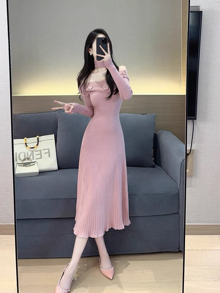 Pink knitted dress autumn women's 2023 new style elegant lady mid-length one-line collar off-the-shoulder bottoming skirt (S5555)