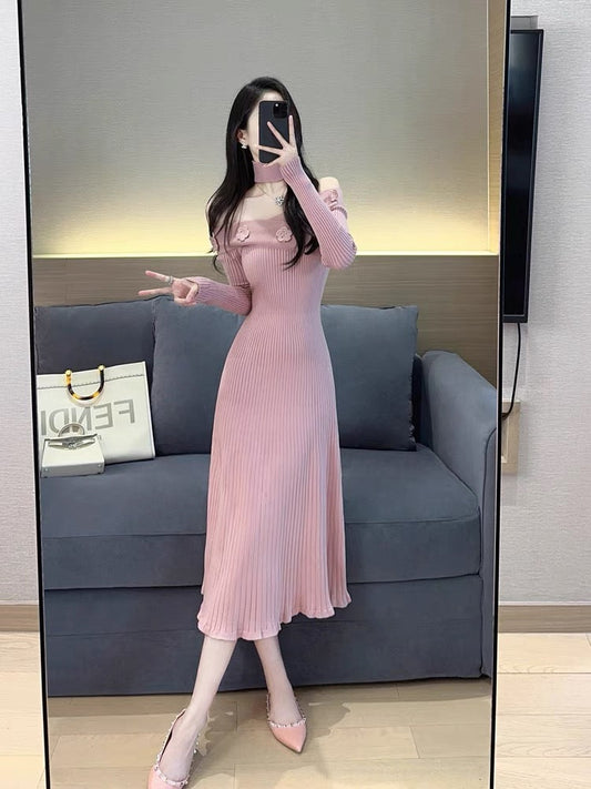 Pink knitted dress autumn women's 2023 new style elegant lady mid-length one-line collar off-the-shoulder bottoming skirt (S5555)