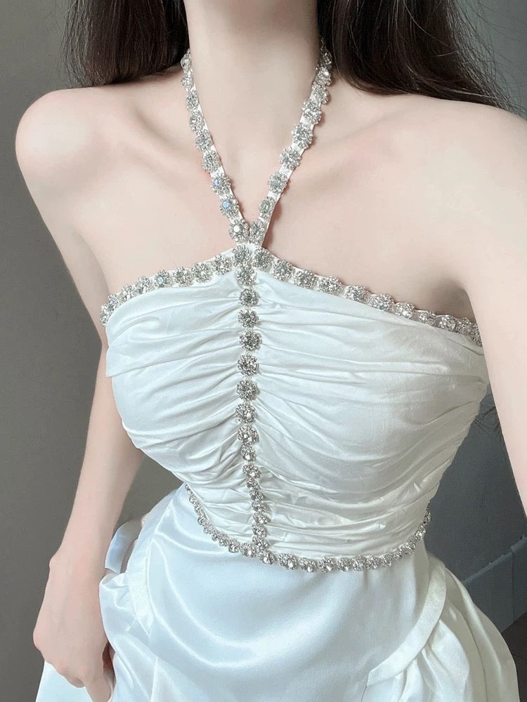 French style diamond-studded halter neck tube top dress women's spring –  Lee Nhi Boutique