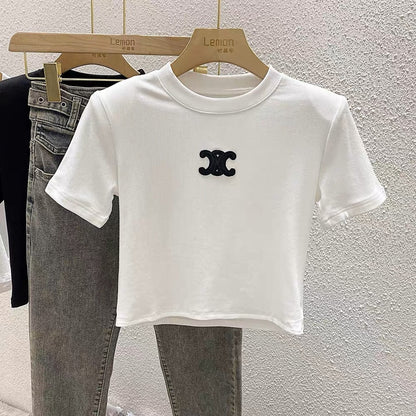 2023 short T-shirt women's summer self-cultivation bottoming shirt design sense niche embroidery black short-sleeved top tide