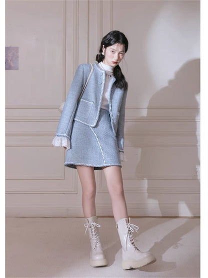 Blue tweed suit jacket professional socialite small fragrance high-end two-piece suit women's 2023 new style