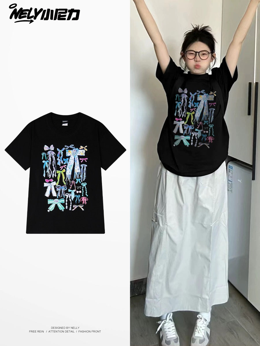 Nely Little Nili Tide American Retro Bow T-shirt Men and Women Summer New Loose Short Sleeve Couple Tops