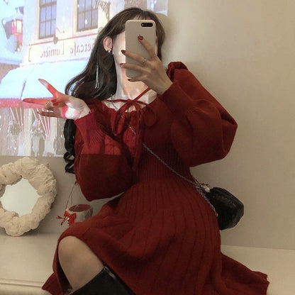 2023 new autumn and winter Christmas red knitted dress for women retro square neck waist mid-length waist skirt