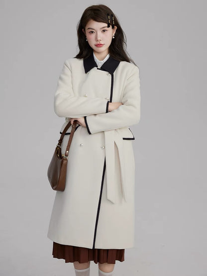 Volstagg white woolen coat for women autumn and winter Korean waist style high-end mid-length woolen coat