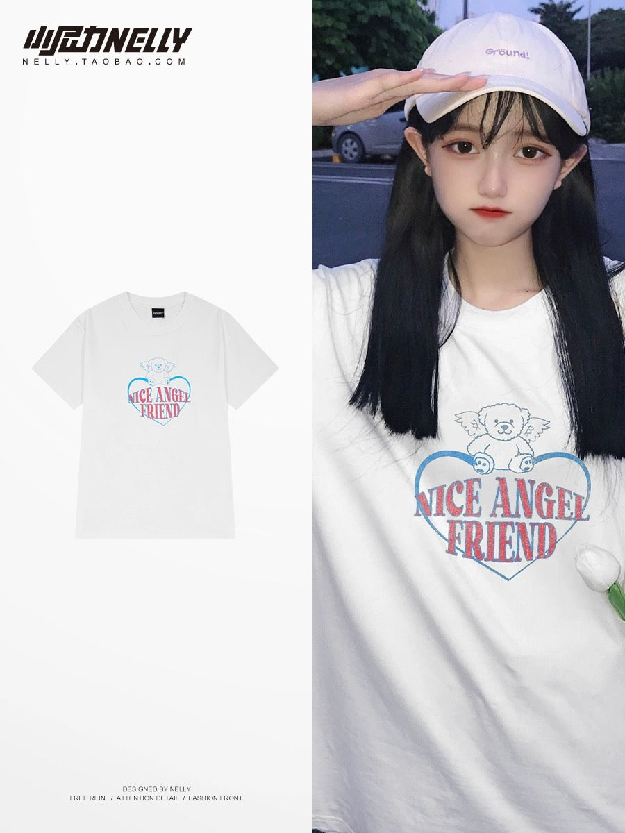 Heavy American cleanfit love bear angel couple short-sleeved T-shirt men and women summer trendy brand pure cotton half-sleeve