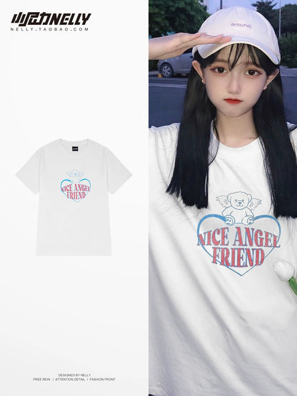Heavy American cleanfit love bear angel couple short-sleeved T-shirt men and women summer trendy brand pure cotton half-sleeve