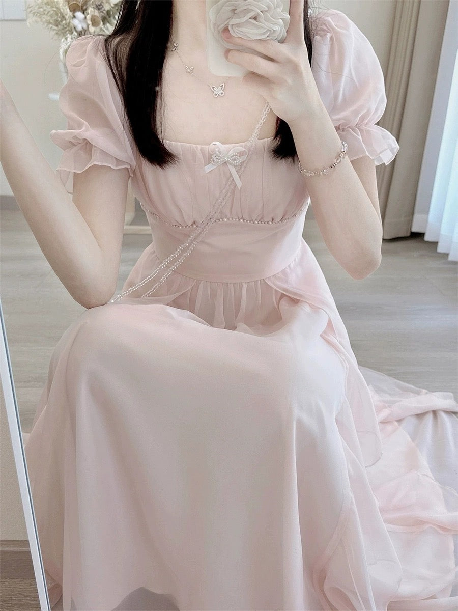 French pink chiffon dress, summer texture, high-end sense, waist slimming, gentle temperament, fairy long skirt