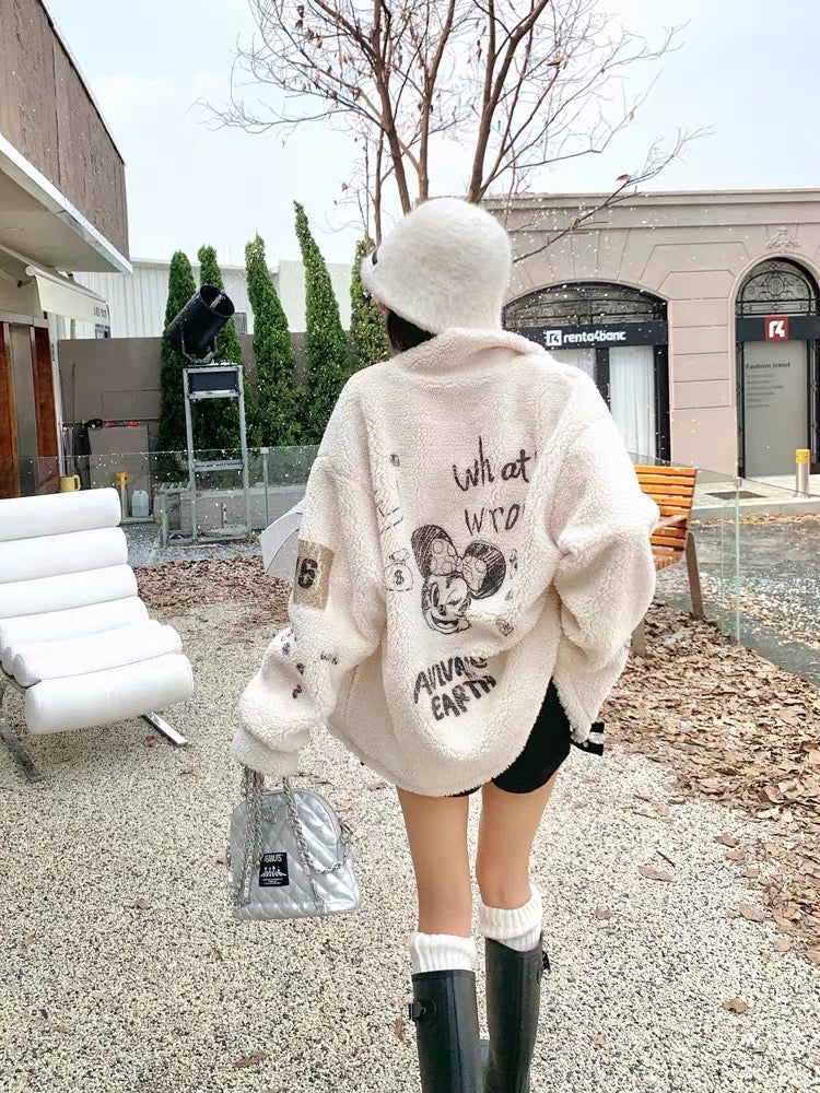 Earth Store white cartoon printed grain velvet thick coat women's autumn and winter loose polar fleece cardigan top with high quality