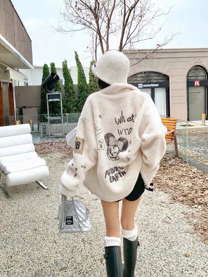 Earth Store white cartoon printed grain velvet thick coat women's autumn and winter loose polar fleece cardigan top with high quality