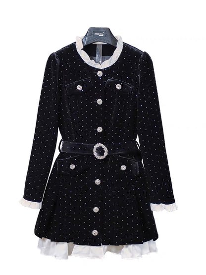 Miss DG ladylike temperament slim little fragrant dress 2023 autumn and winter high-end patchwork waist dress (D0678)