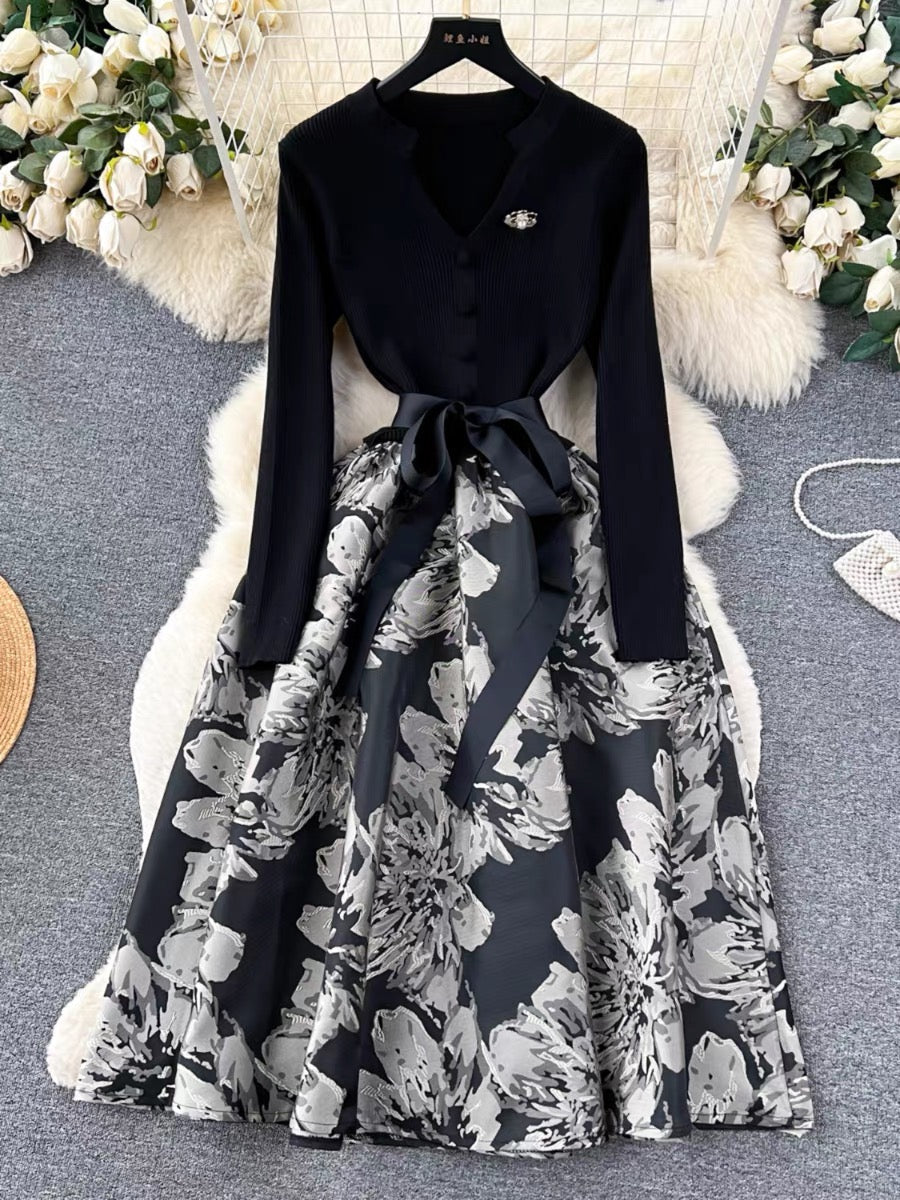 French high-end Hepburn style light luxury dress for women autumn and winter knitted splicing jacquard fluffy dress (D0998)