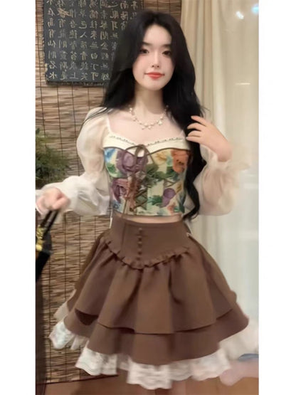 Large size fat sister French retro court style oil painting jacket female early autumn high waist bow skirt suit skirt