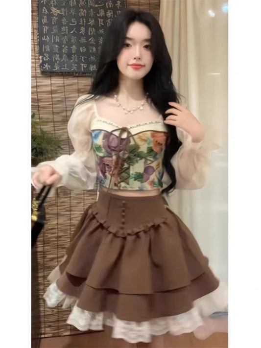 Large size fat sister French retro court style oil painting jacket female early autumn high waist bow skirt suit skirt