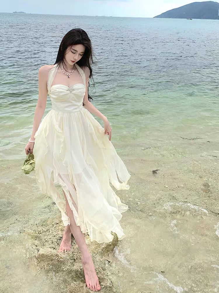 French high-end sexy backless halter neck sling dress fairy summer temperament seaside vacation escaped princess dress