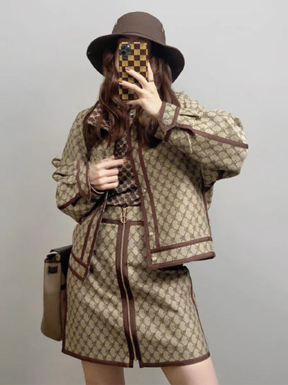 High-end temperament, socialite, foreign style, retro Hong Kong style trendy brown two-piece suit 2023 autumn and winter new women's clothing