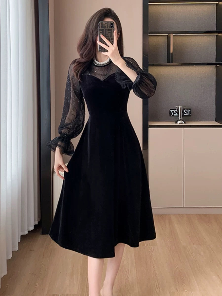 Gentle style lace mesh dress 2023 autumn new French retro mid-length waist slimming skirt