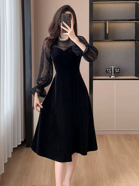 Gentle style lace mesh dress 2023 autumn new French retro mid-length waist slimming skirt