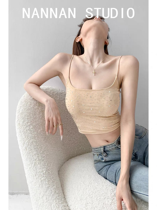 Broken Star River/Sexy Large U-Neck Rhinestone Camisole Pure Desire Style Modified Clavicle Mesh Bottom Shirt Top for Women