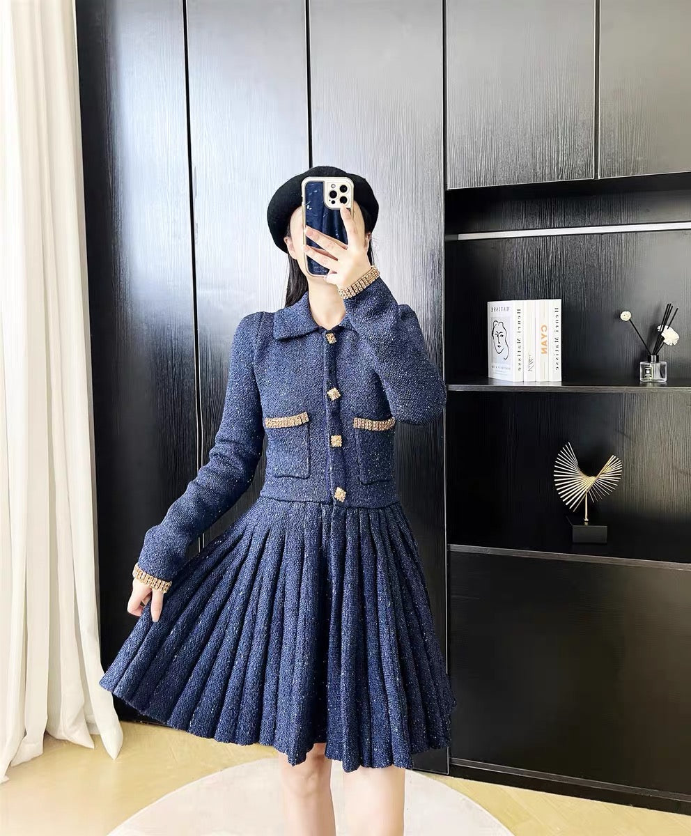 Autumn French retro sequin gold buckle diamond pleated slim-fitting small fragrant knitted dress bottoming slim sweater skirt D9199