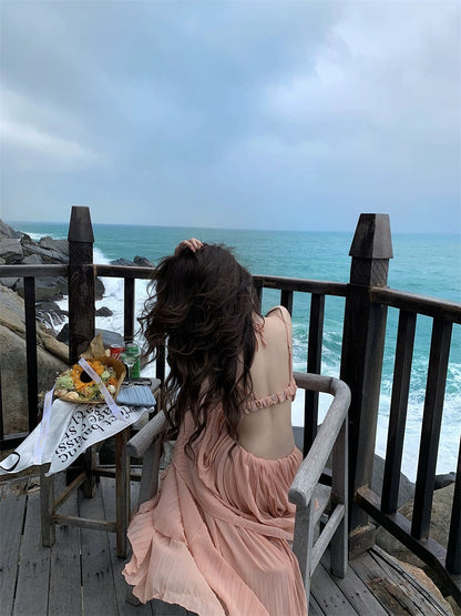 French sexy pure desire style irregular waist-revealing suspender dress female Sanya seaside holiday photo long dress