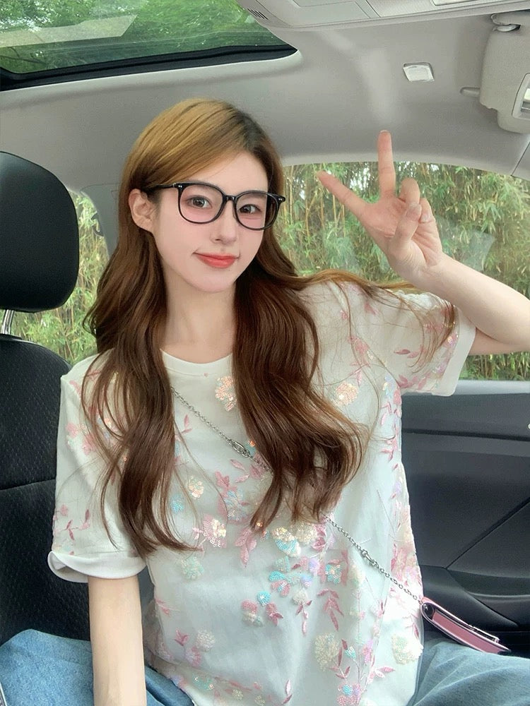 Heavy sequin embroidery short-sleeved T-shirt for women 2025 new summer niche temperament design mesh splicing top