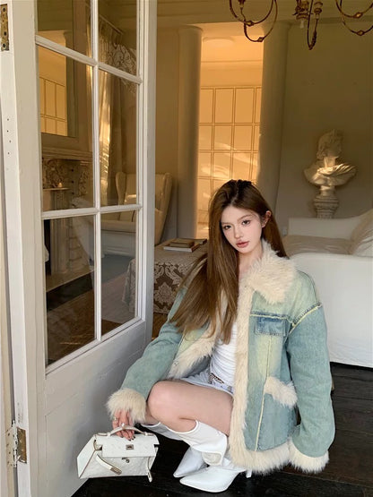 Wool splicing denim cotton coat women's winter retro washed loose lapel quilted cardigan cotton coat