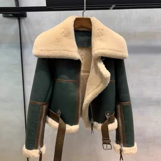2021 New Motorcycle Clothing for Women Winter Lamb Plush Fur One-piece Imitation Fur Fashionable and Versatile Short Jacket for Women