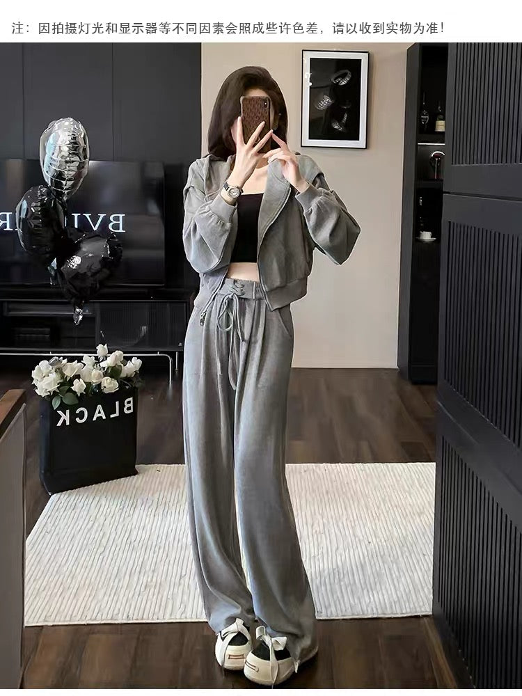 2023 Autumn and Winter New Fashionable and High-end Gray Cardigan Zippered Hooded Sweatshirt Strappy Waist Wide Leg Pants Suit (V6616)