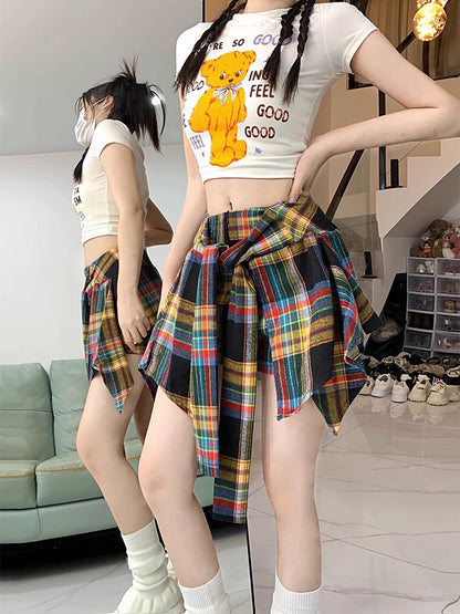 American high street jazz dance hip-hop irregular plaid skirt female summer hot girl A-line skirt pants short skirt