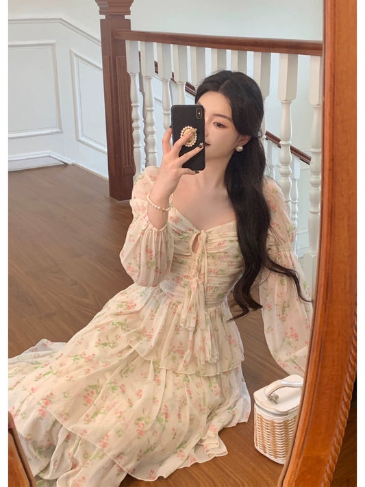 Tang Gongzi's stunning printed dress, slim fit, puff sleeves, French style, chiffon long skirt for seaside vacation