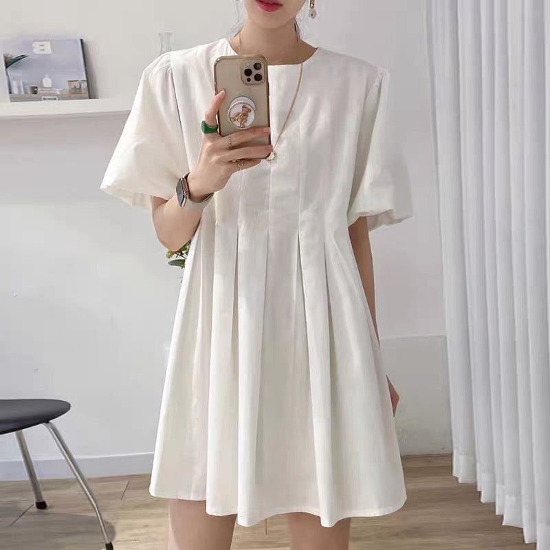 Korean chic summer simple temperament round neck pleated waist slim lantern sleeve A-line dress skirt female