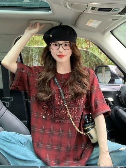 Red plaid sequined letter short-sleeved T-shirt female 2025 new spring and summer sanded thickened American style large version top trend