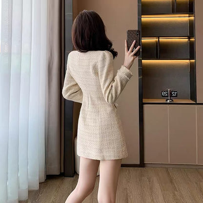 Small V-neck fringed design double-breasted waist long-sleeved tweed dress for women autumn and winter woolen skirt