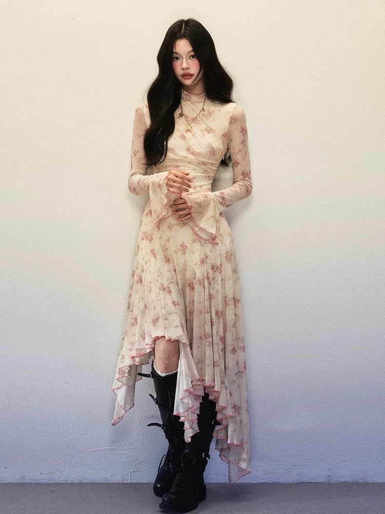 1P STUDIO Rose print small high collar trumpet sleeve dress women's autumn and winter irregular hem bottoming long skirt
