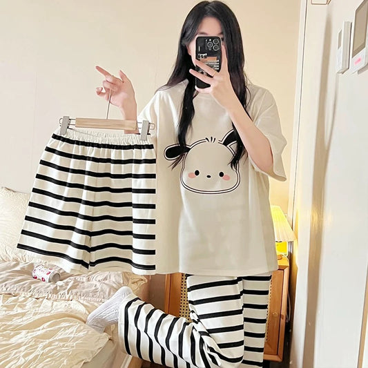 Pajamas women's short-sleeved trousers summer cotton thin junior high school students 13 girls big children cartoon cute three-piece set