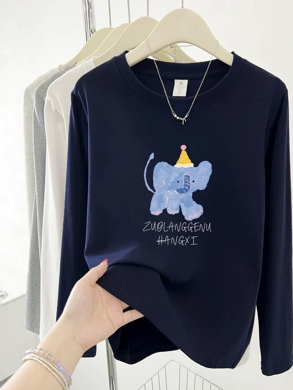 2025 Early Autumn New Style Bottoming Shirt Western Style Straight Shoulder Women's Long Sleeve T-shirt Round Neck College Style Letter Printed Top