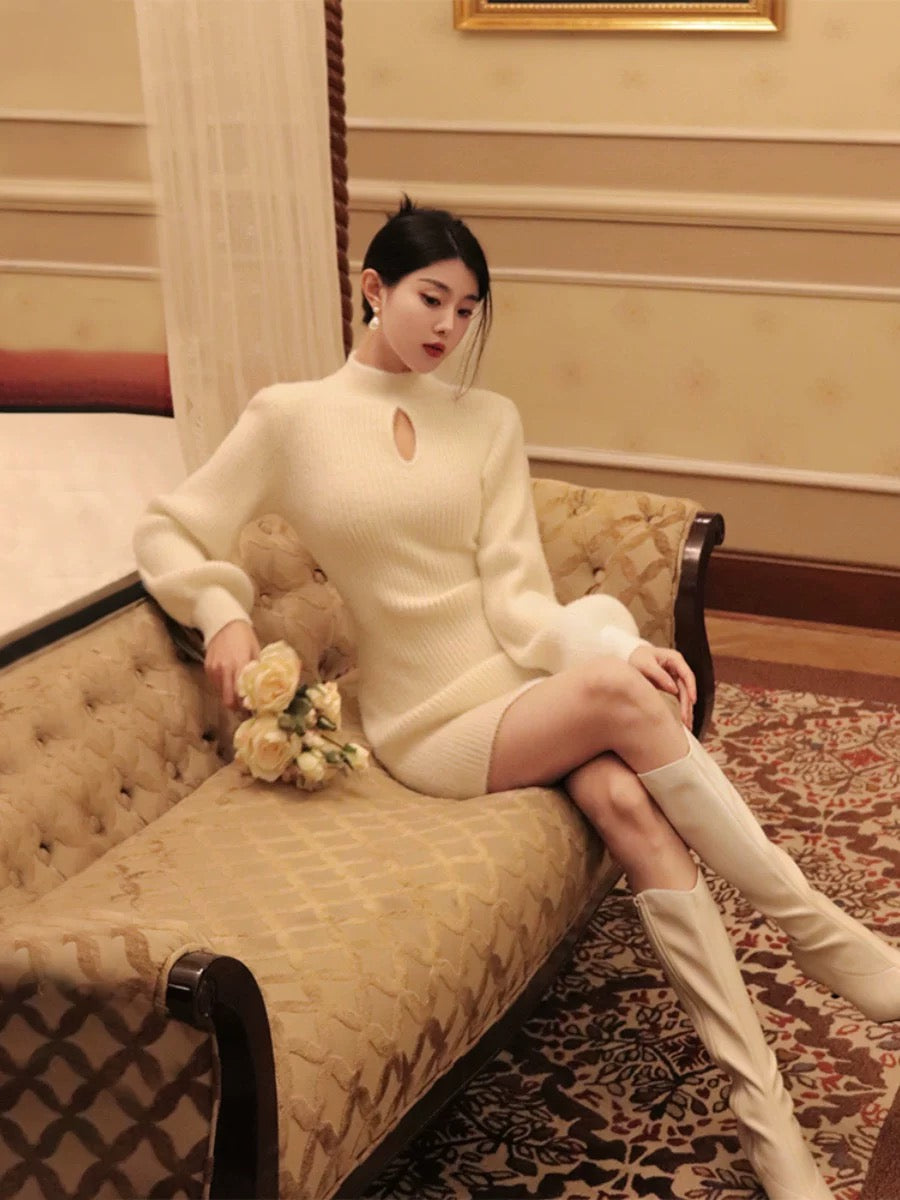 Thirteen and Little White Knitted Dress for Women in Autumn and Winter Half Turtle Neck with Balloon Sleeves and French Style Hip Skirt
