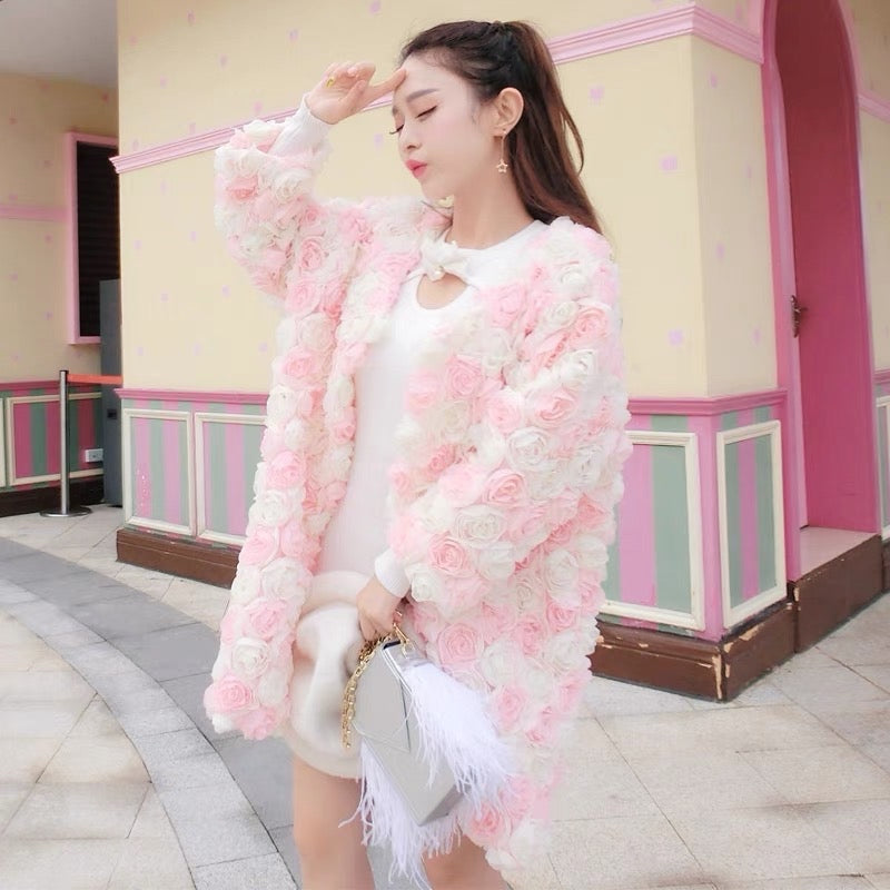 Fairy coat for women 2023 autumn and winter new three-dimensional rose petal mid-length loose internet celebrity chiffon cardigan