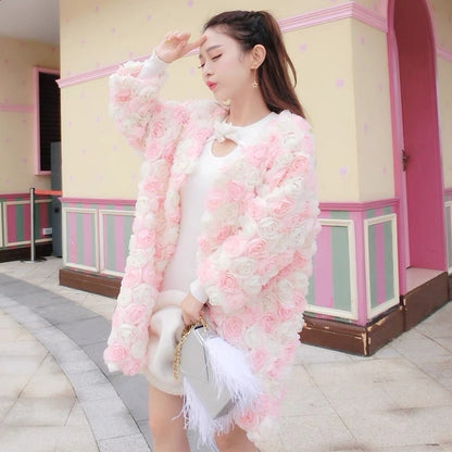Fairy coat for women 2023 autumn and winter new three-dimensional rose petal mid-length loose internet celebrity chiffon cardigan
