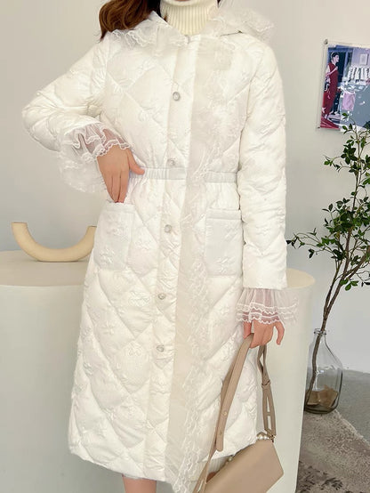 Nori's gentle and super fairy French lace ruffled silver silk cotton coat waist hooded down cotton coat mid-length