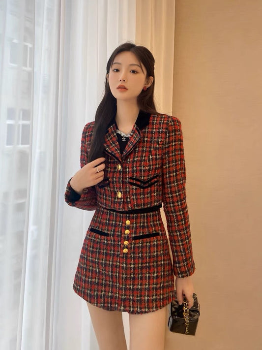 Red plaid small fragrance suit for women in autumn and winter new style ladylike high-end skirt and jacket with two-piece set (B2418)