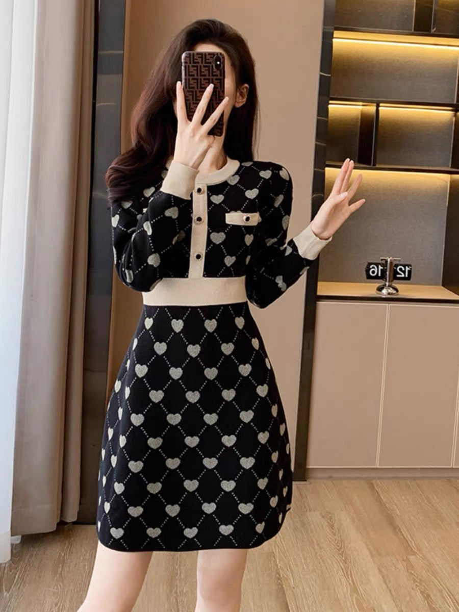 2023 new autumn and winter high-end small fragrance knitted dress women's mid-length slim temperament A-line sweater dress (B8914)