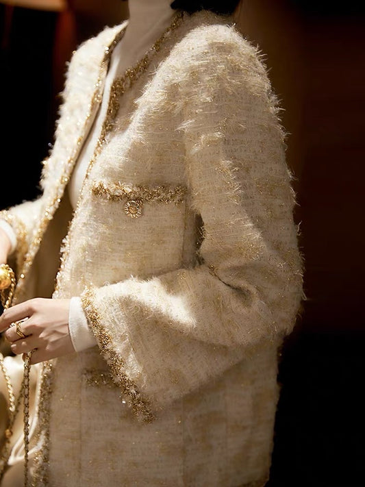 [WTF663526AG] Xiaohan Yunwu Silver Onion Heavy Industry Beige Gold Thread Ribbon Decorated Elegant Xiaoxiang Jacket